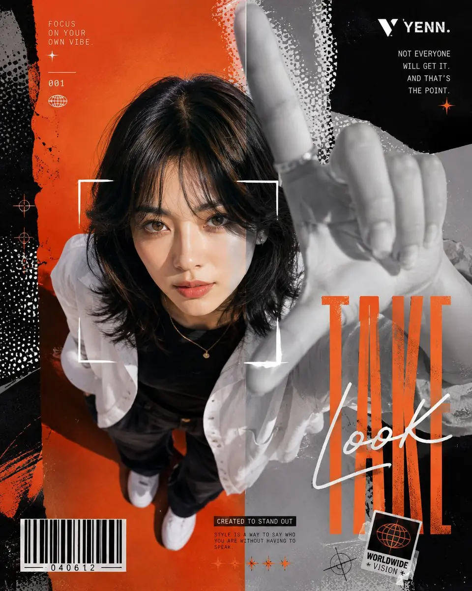 A modern editorial fashion poster in a bold Y2K streetwear