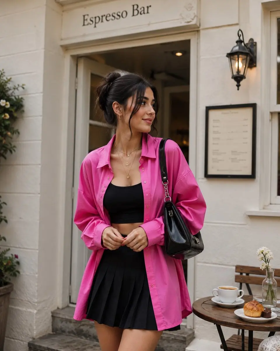 A fashionable young woman stands casually outside an elegant