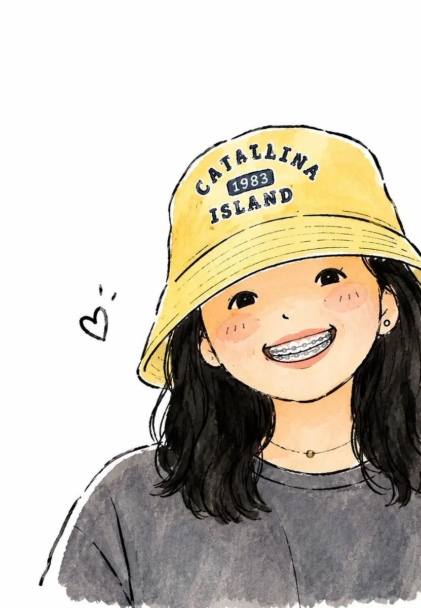 Cute watercolor anime portrait of a smiling young girl