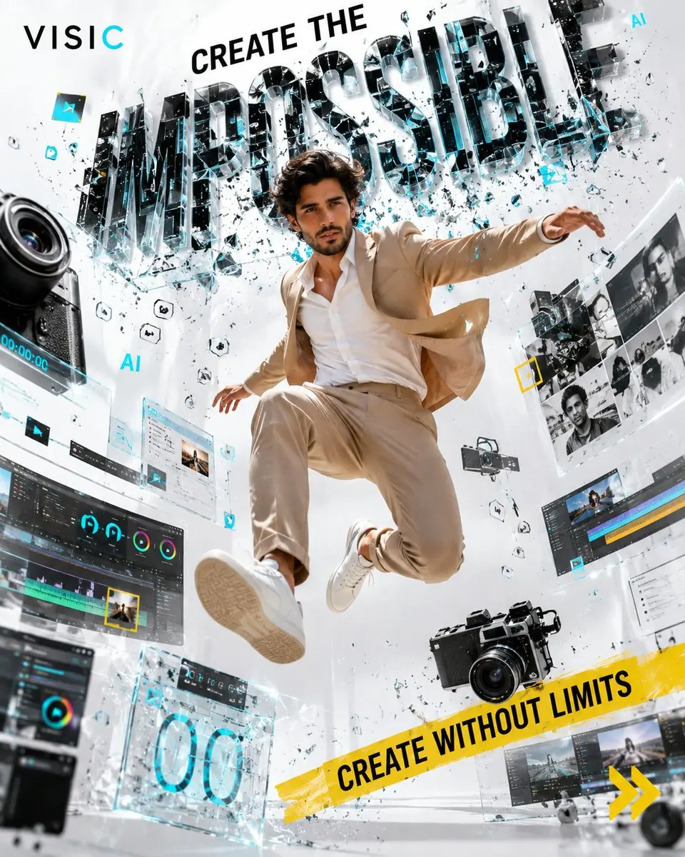 A digital creator jumping through giant floating creative