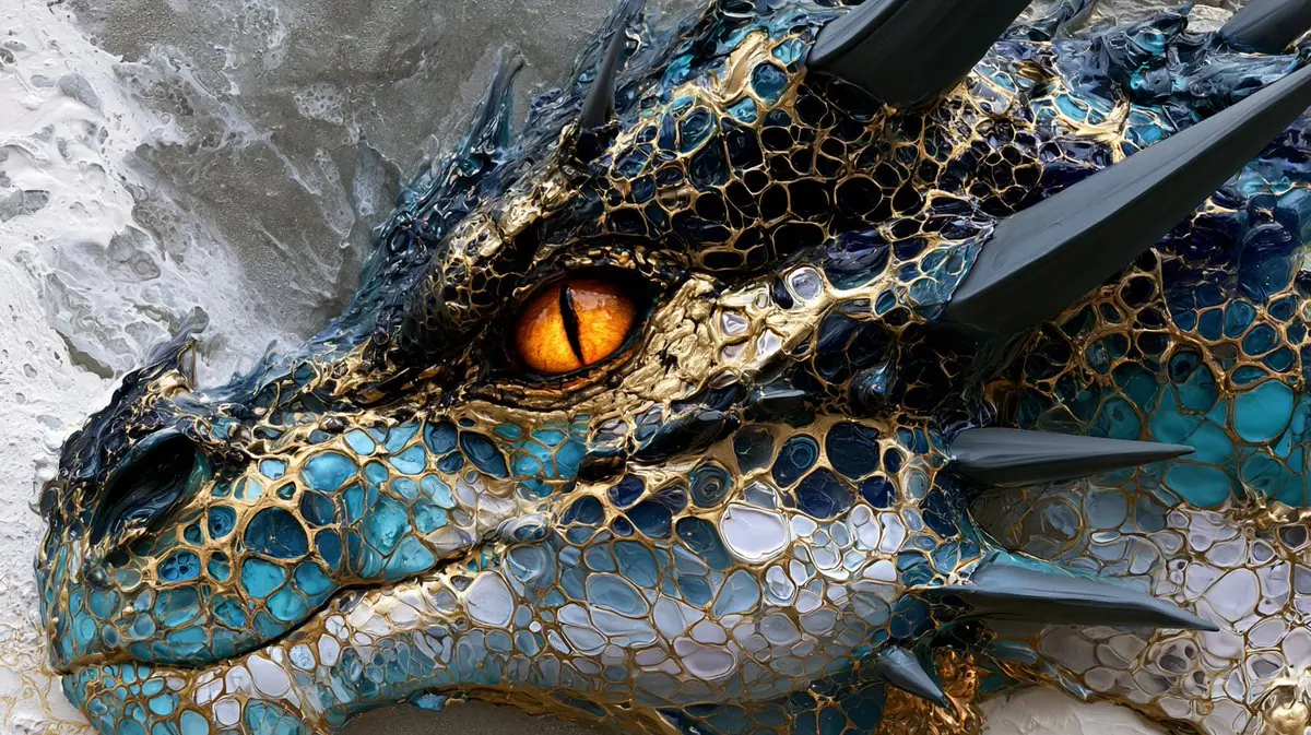 A close up portrait of a dragon head in profile
