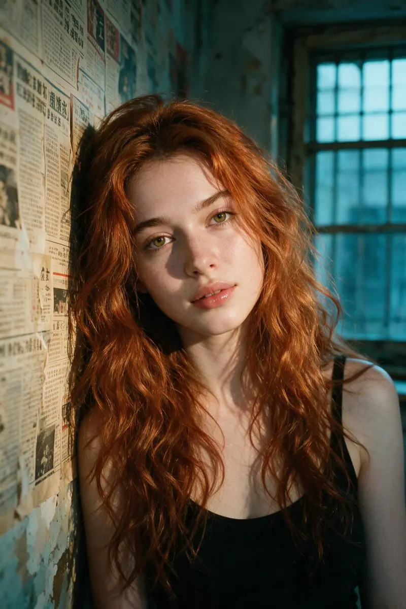 Portrait of a young woman with long tousled copper-red wavy
