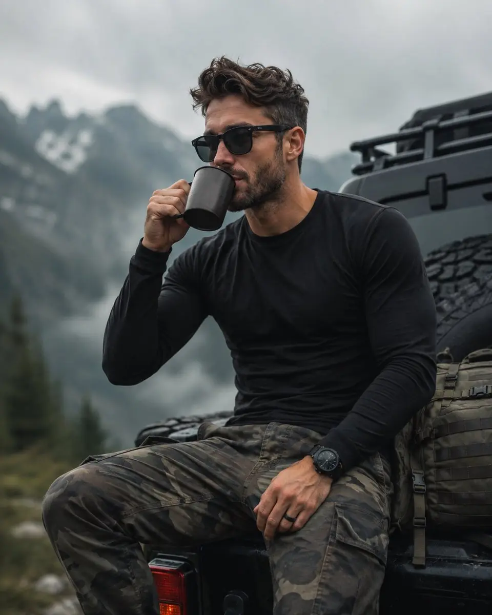 Cinematic portrait photography of a rugged athletic man