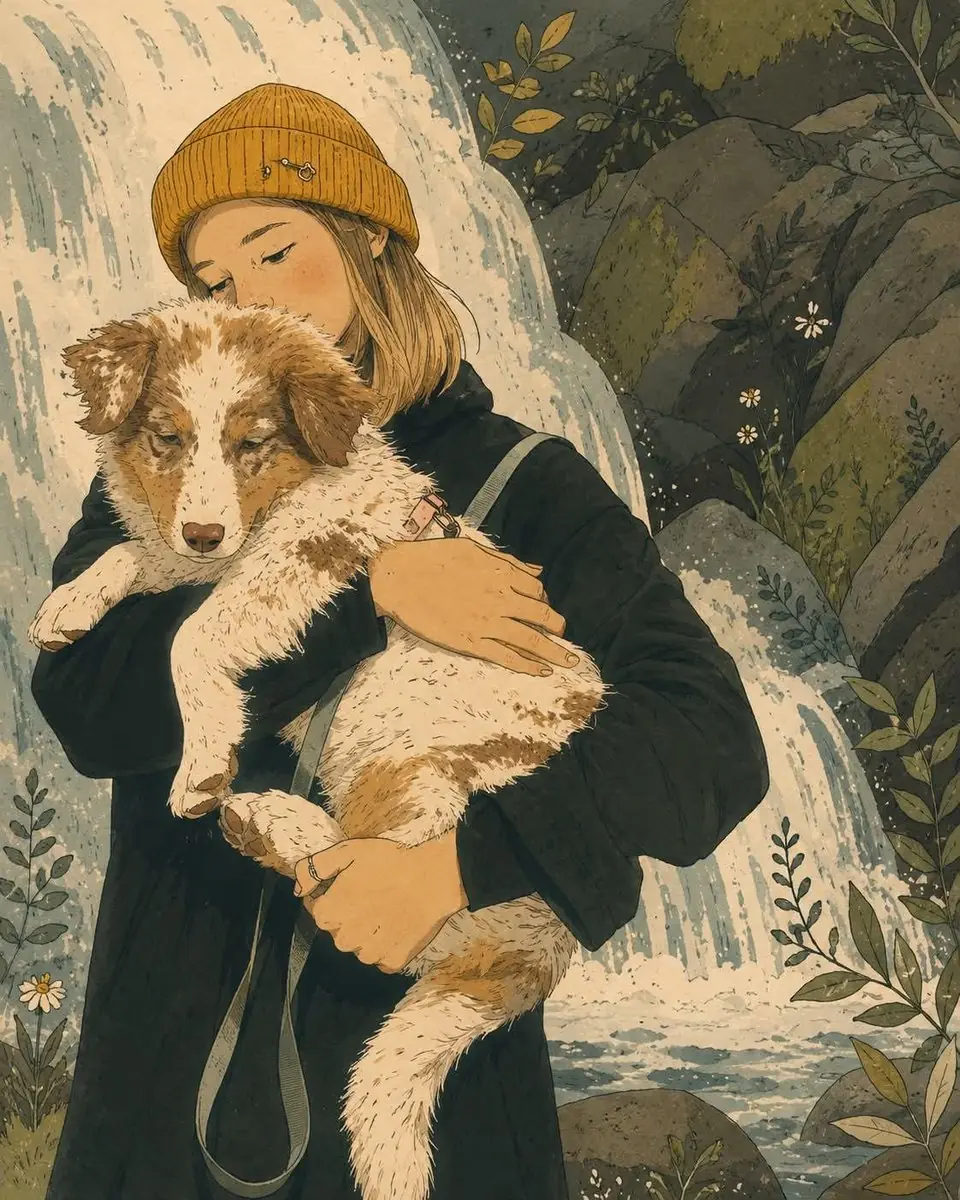 Whimsical storybook illustration of a young woman with short