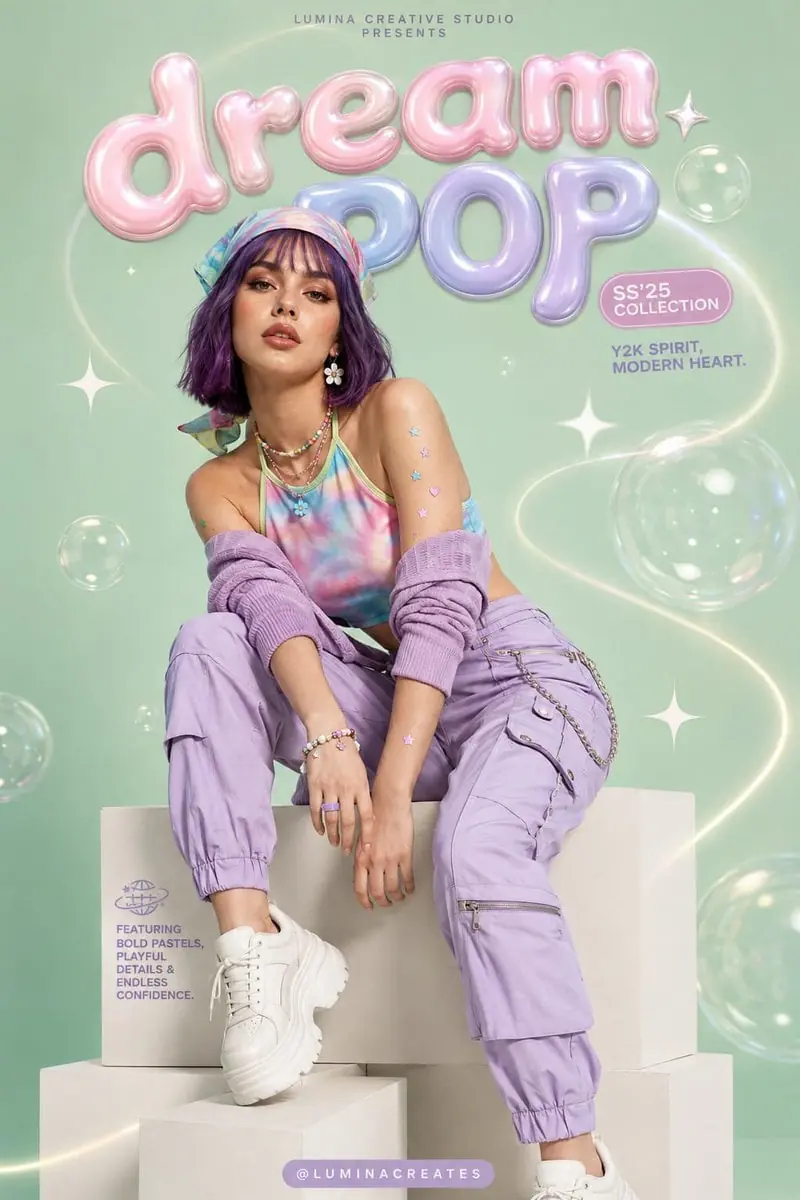 Create a premium Y2K-inspired fashion editorial poster