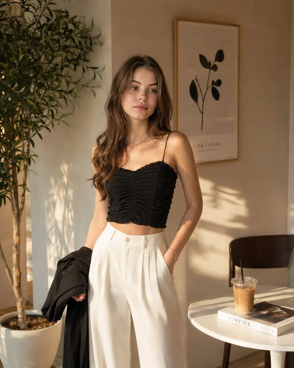 Photorealistic fashion portrait of a young woman standing