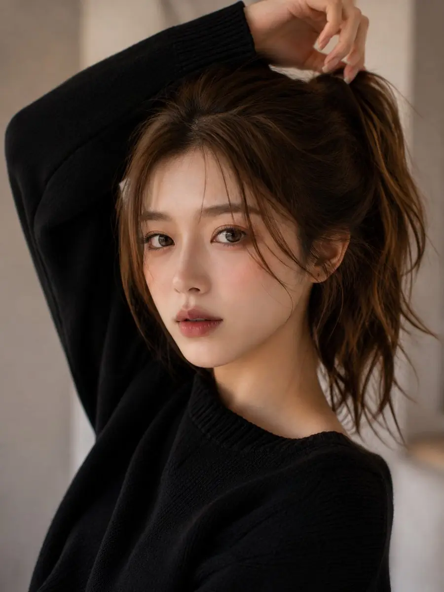A cinematic close-up beauty portrait of a young woman