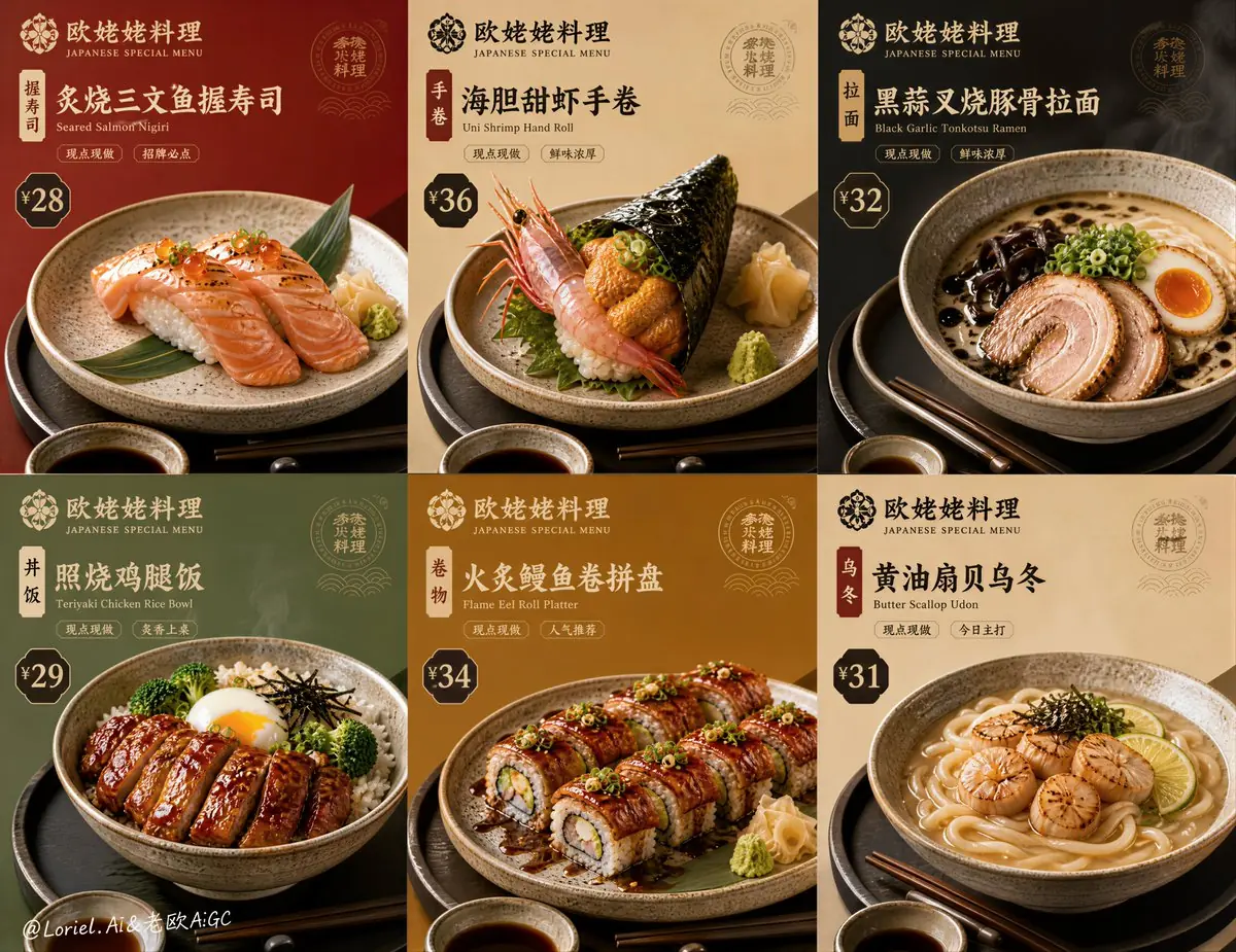 Create an ultra-premium flagship 6-panel commercial food