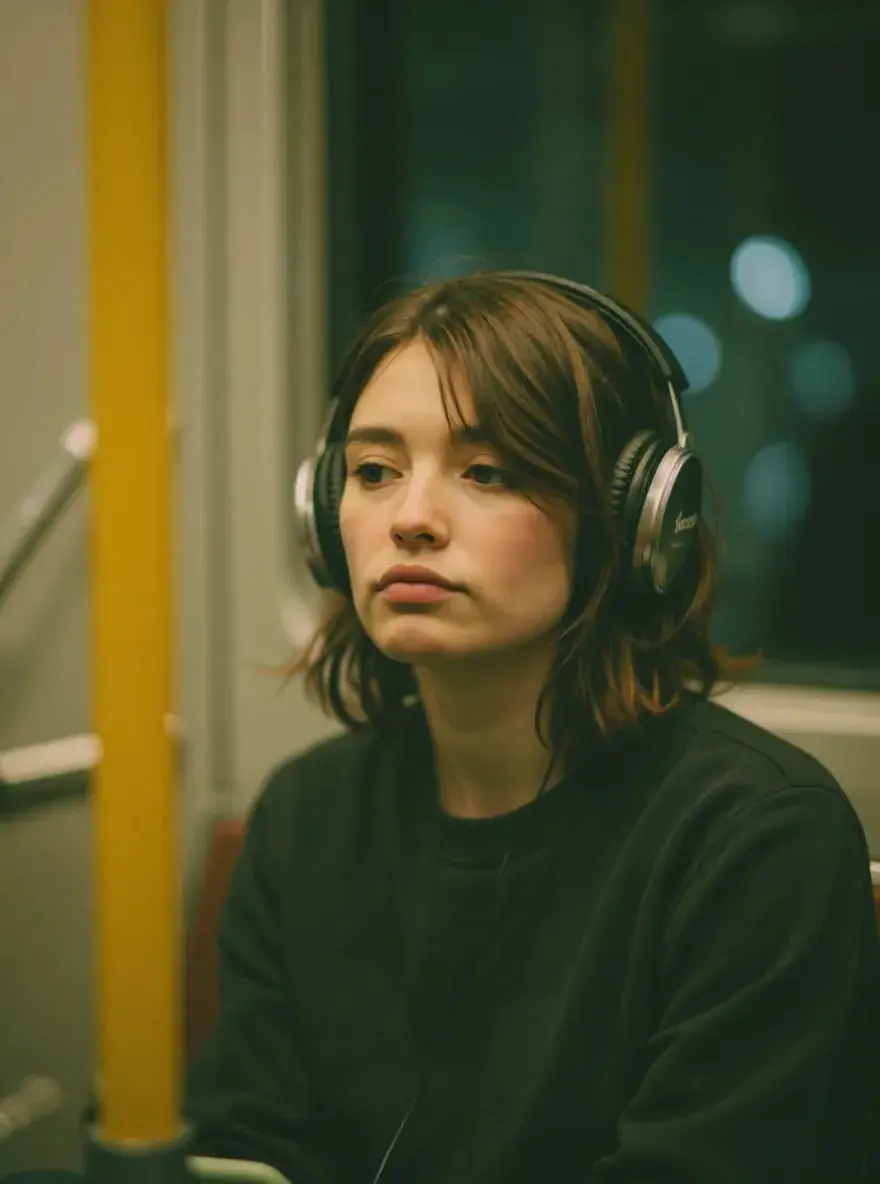 Photorealistic cinematic portrait of a young woman sitting