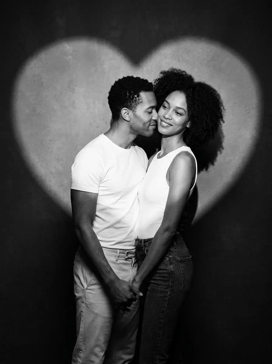 Create a romantic black and white studio portrait of a real