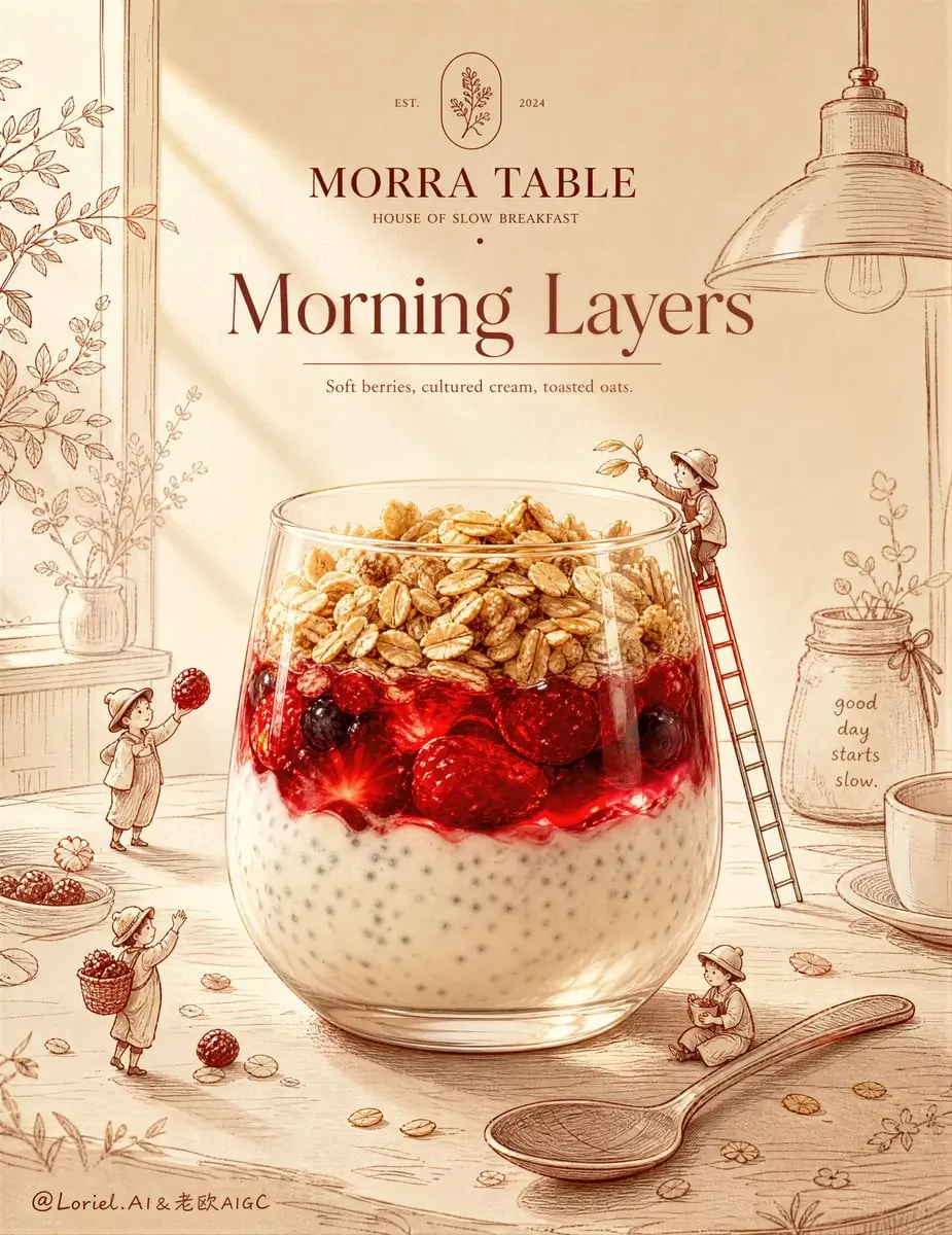 Create an ultra-premium breakfast parfait advertising poster
