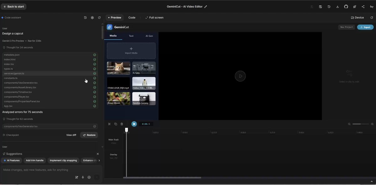 CapCut-like video editor UI in Gemini