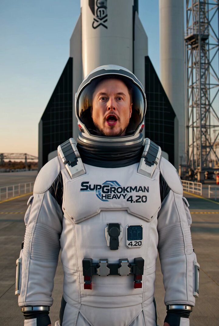 Elon Musk blasting off to Mars in a SuperGROKMAN HEAVY 4.20 space suit