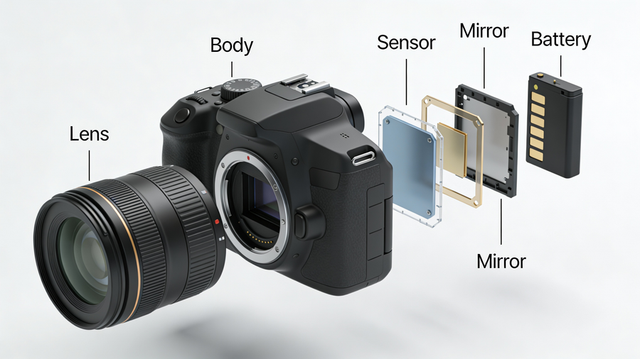 Exploded View DSLR Camera Illustration