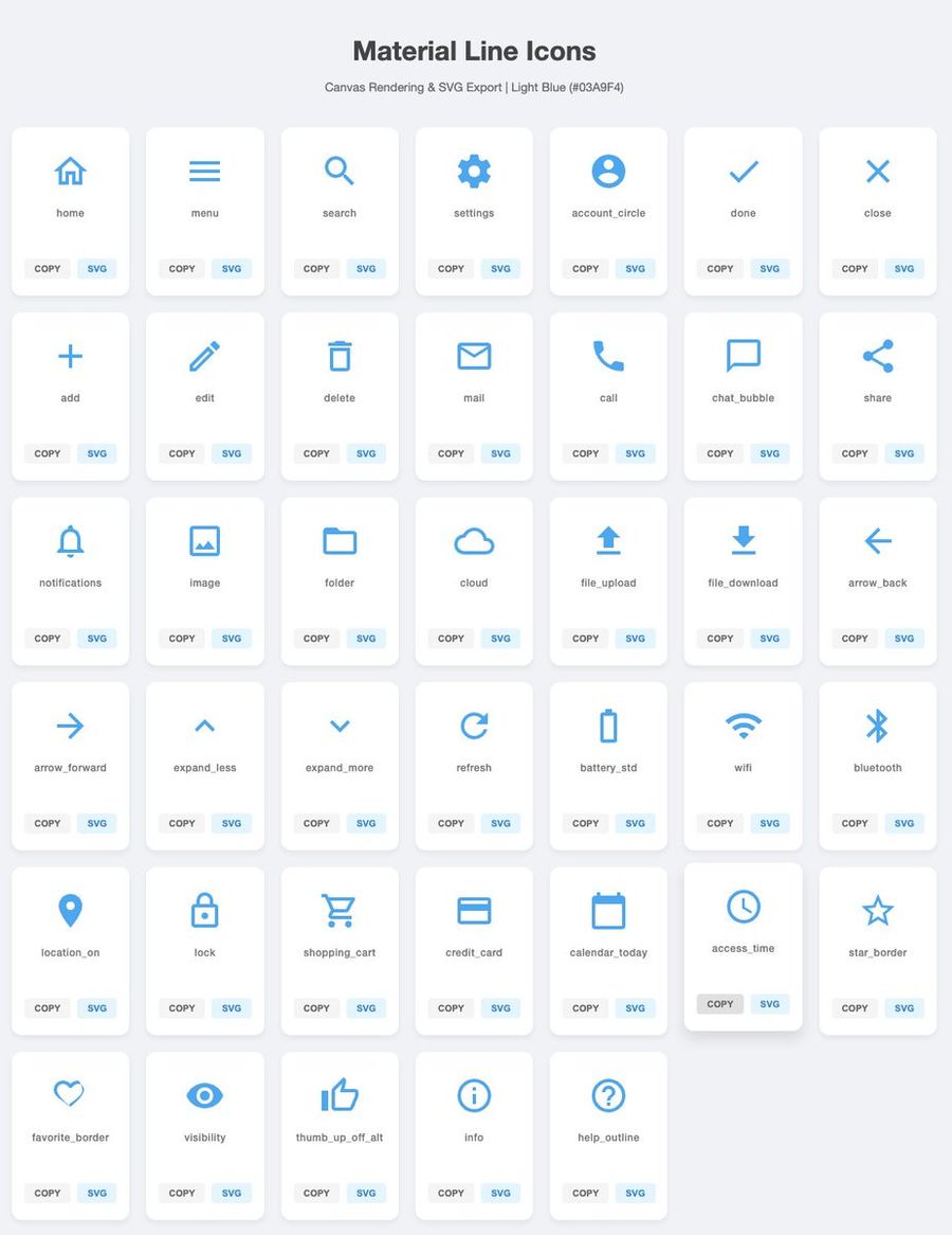 Generate 40 simple SVG icons with download buttons