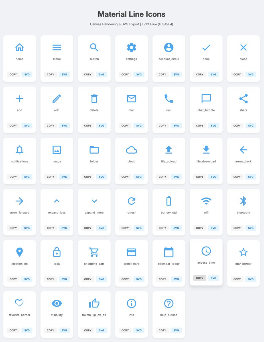 Generate 40 simple SVG icons with download buttons