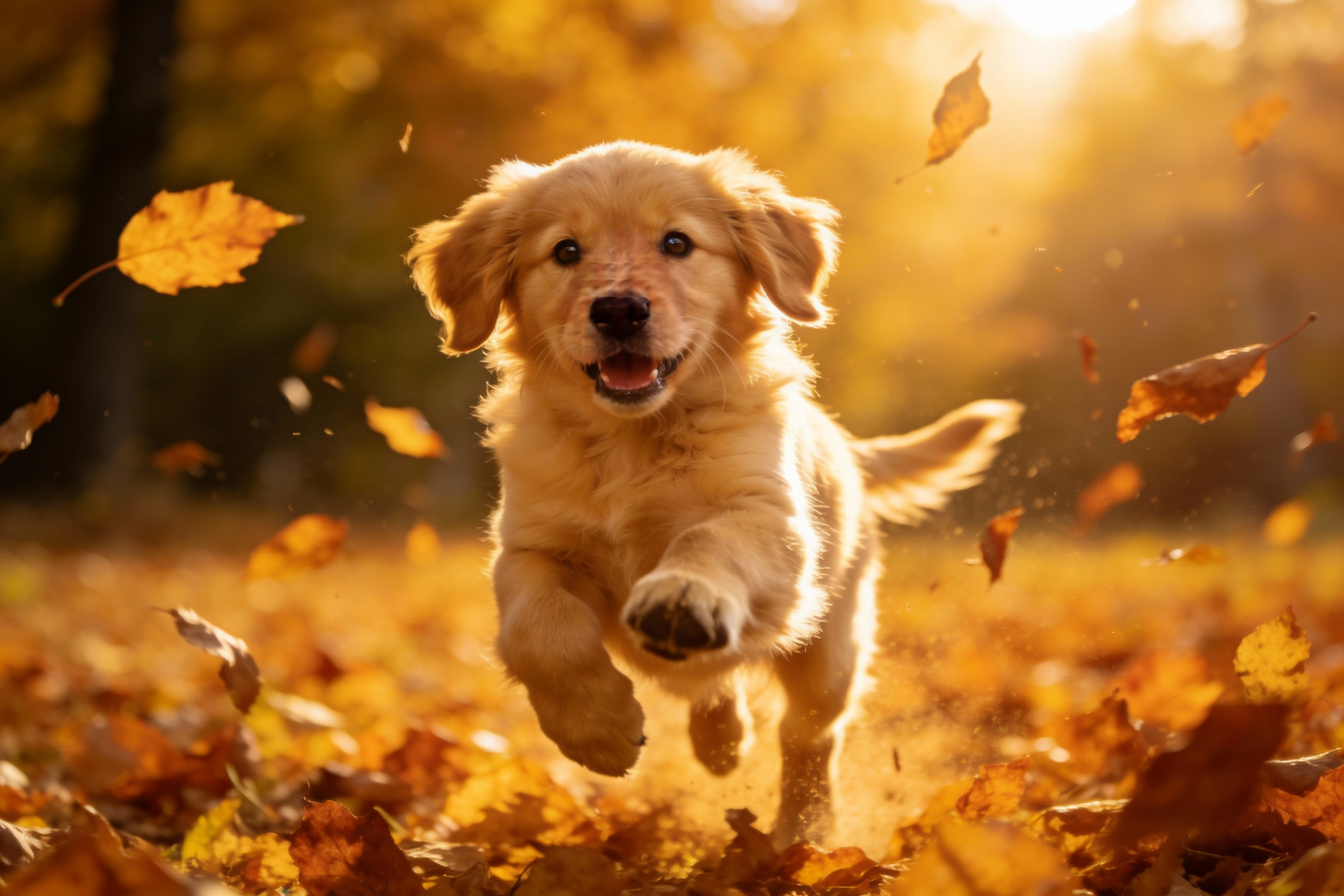 Golden Retriever Puppy in Autumn Leaves