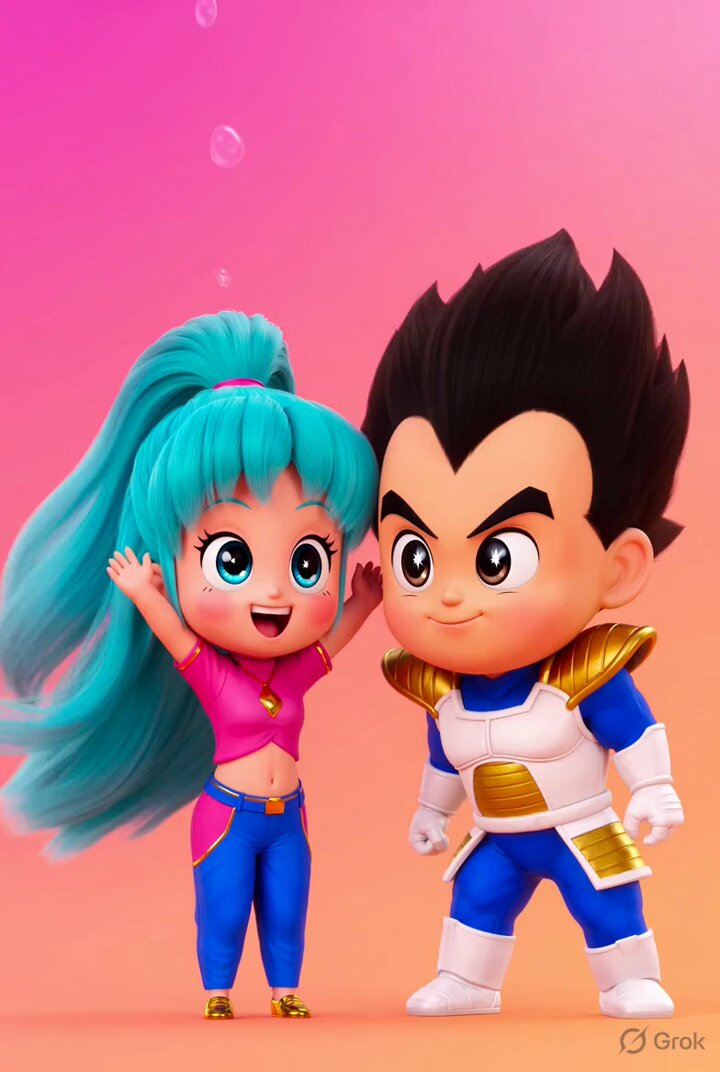 Grok Imagine Chibi Template animation of Vegeta and Bulma