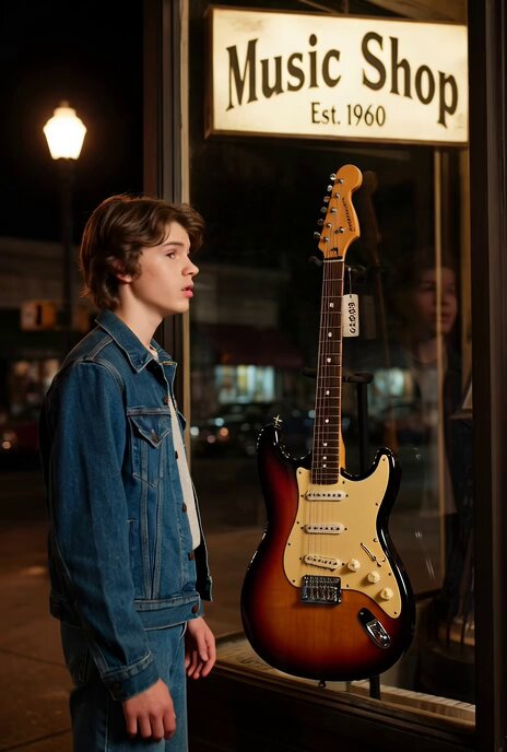 Grok Imagine Prompt: Teenager Looking at a Guitar in 1975