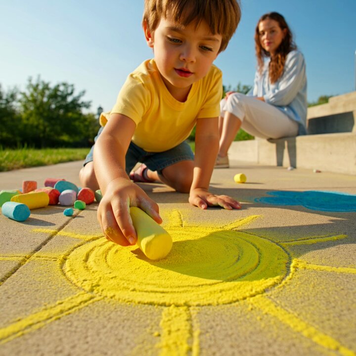 Grok Imagine video prompt: Child Drawing Chalk on Sidewalk