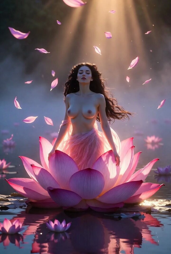 Grok Imagine Video Prompt: Goddess Rises from a Pink Lotus at Sunset