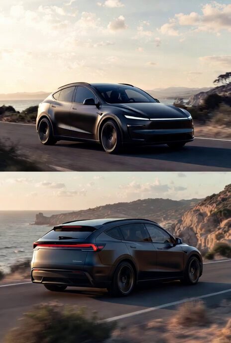Photorealistic rendering of a Tesla Model Y as a classic European station wagon