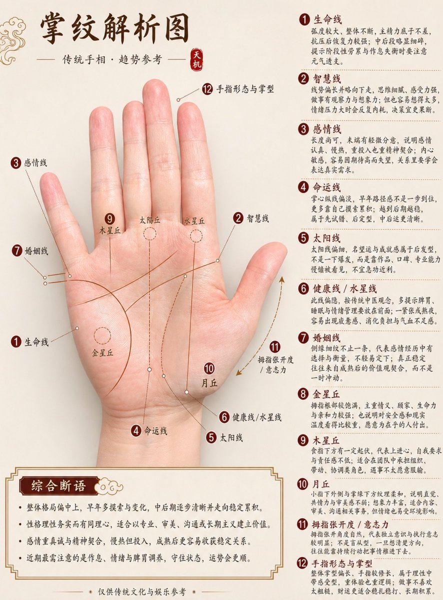 Tableau d'analyse professionnelle de chiromancie chinoise
