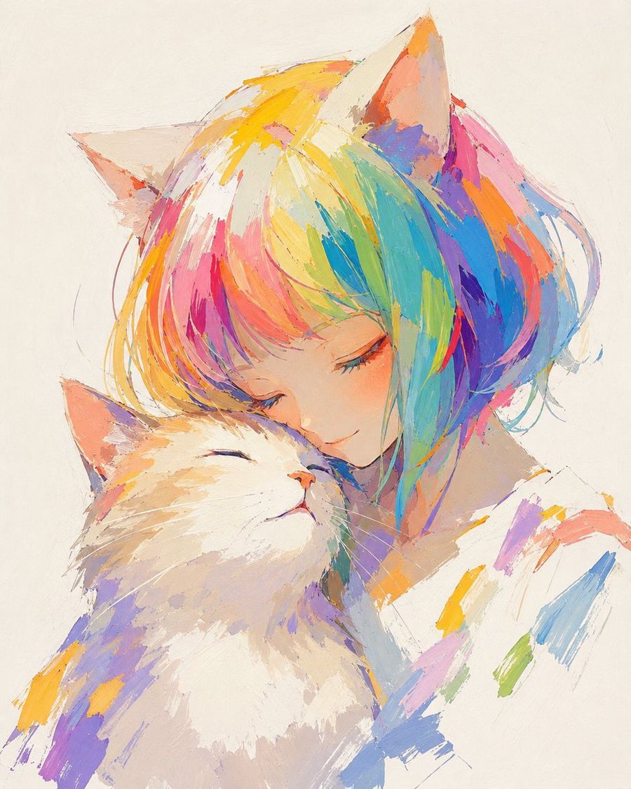 ภาพวาดสาวน้อยหูแมวผมสีรุ้ง