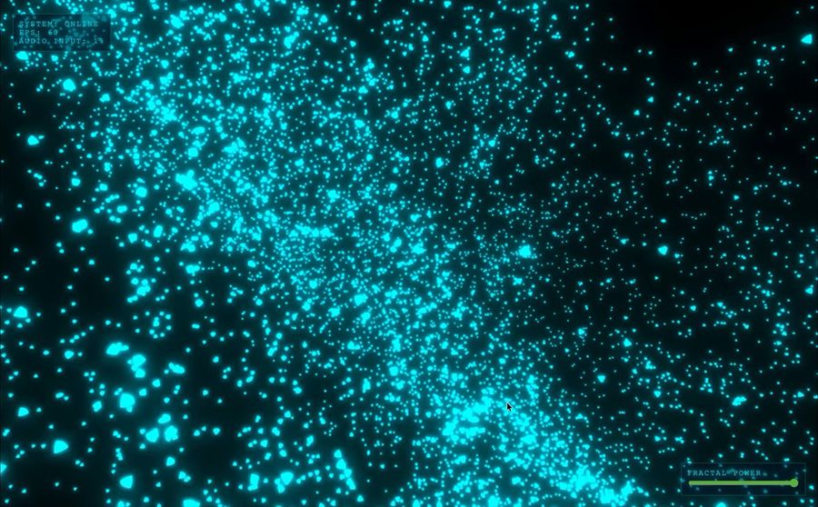 Raymarched Mandelbulb fractal with audio-reactive particles in Three.js