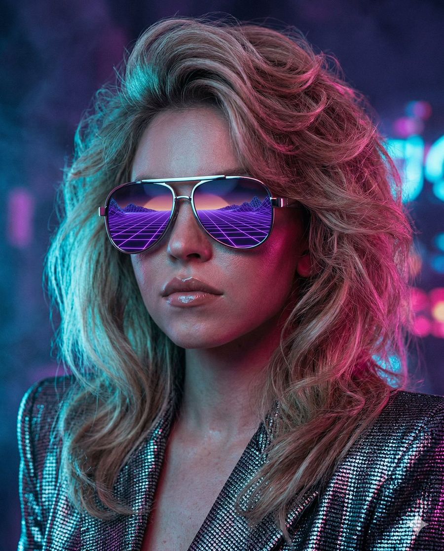 ภาพพอร์ตเทรต Sydney Sweeney สไตล์เรโทรฟิวเจอริสติกยุค 80 แบบ Synthwave