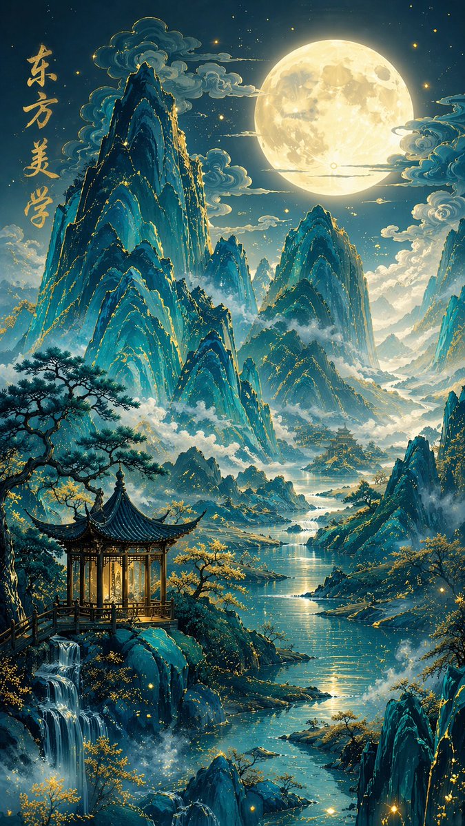Paysage traditionnel chinois bleu-vert