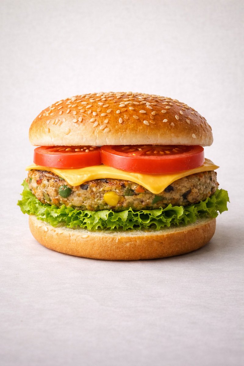 Photographie ultra-réaliste de burger végétarien commercial et vue éclatée
