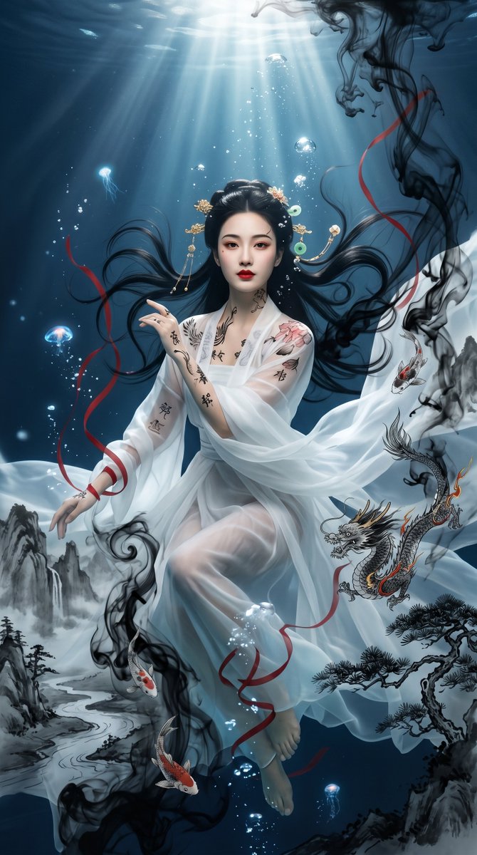 Portrait onirique à l'encre de Chine sous-marine