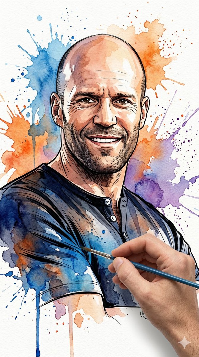Retrato Vibrante em Aquarela com Salpicos Dinâmicos de Tinta