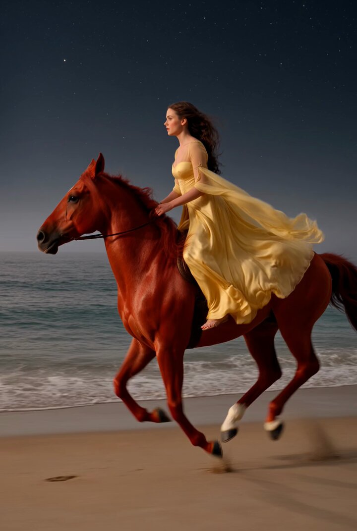 Video prompt of a lady riding a flying horse on the seashore