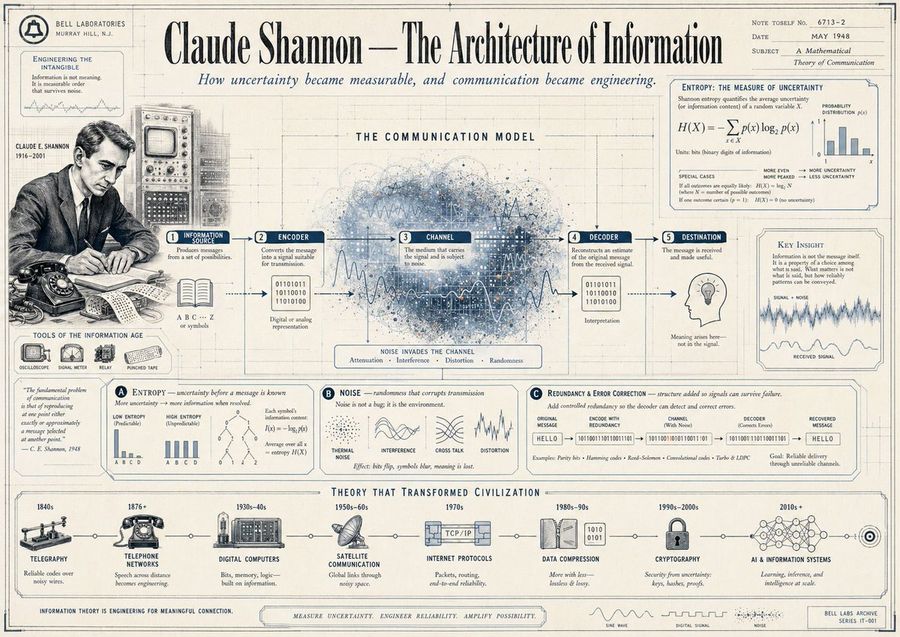 Affiche infographique vintage sur Claude Shannon