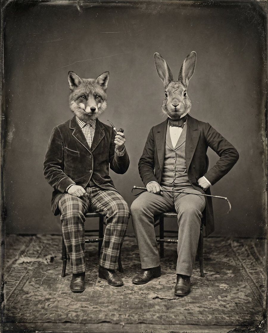 Retrato Vintage em Sépia com Cabeças de Animais