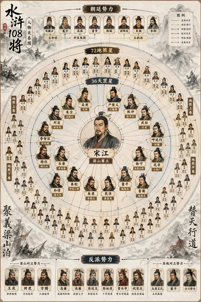 Carte des relations des 108 héros de Au bord de l'eau
