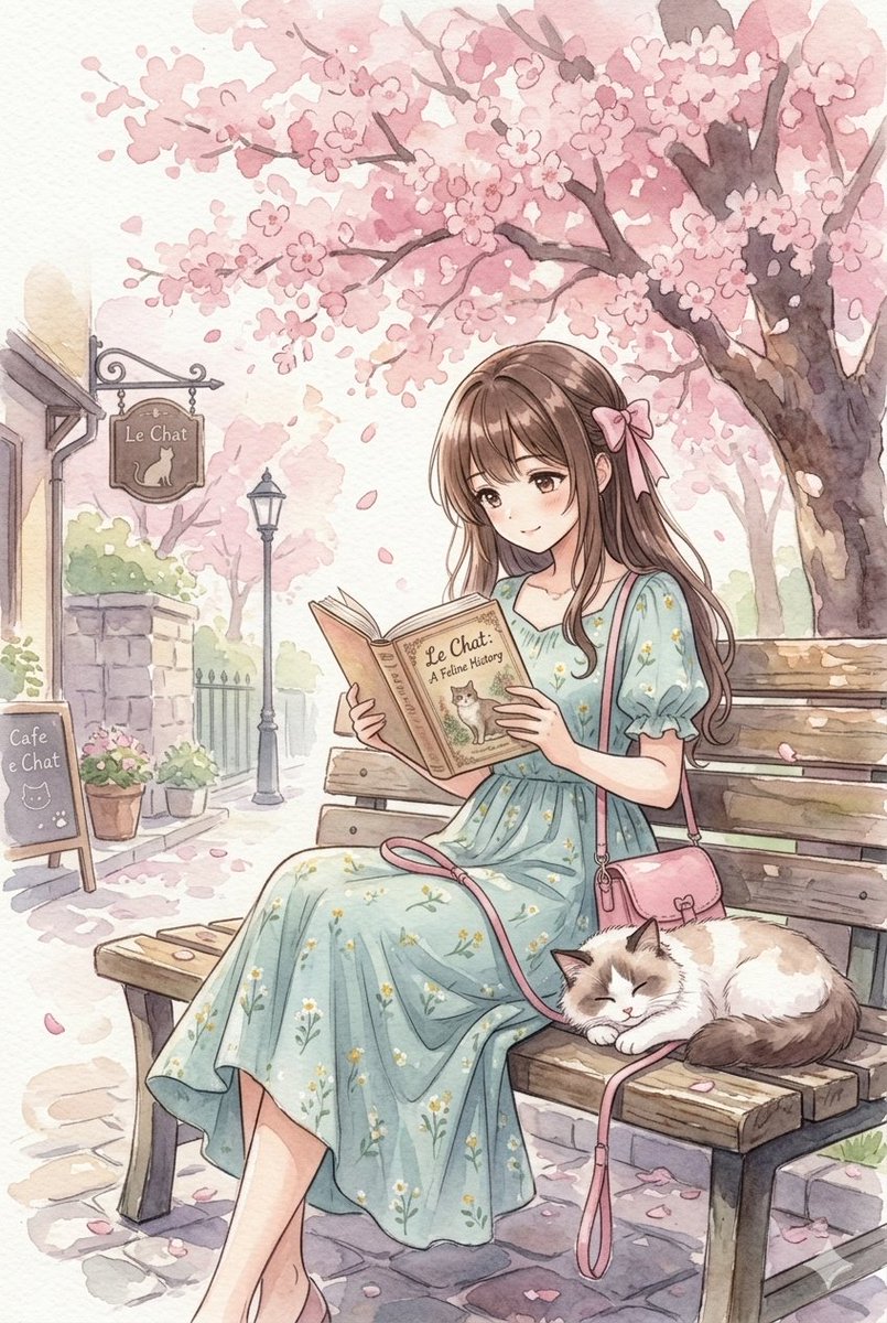 Garota de anime em aquarela lendo sob cerejeiras