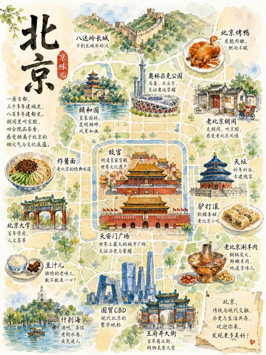 Affiche de carte de voyage aquarelle de Pékin