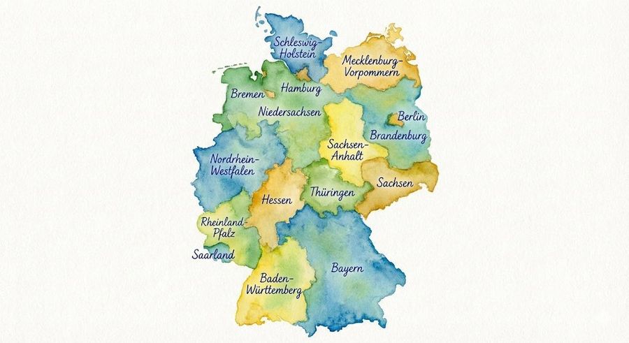 Carte aquarelle de l'Allemagne avec les États étiquetés