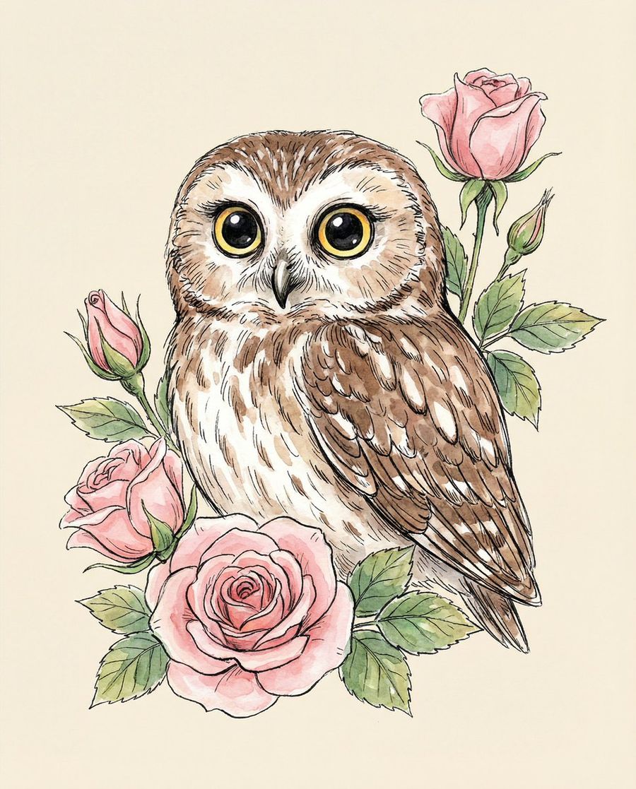 Ilustração em Aguarela de uma Coruja Fofa com Rosas Cor-de-Rosa