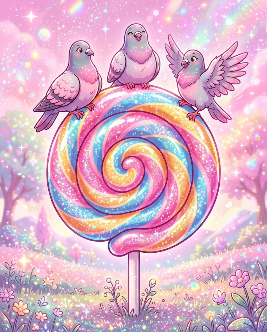 Ilustração Criativa de Pirulito e Pombos