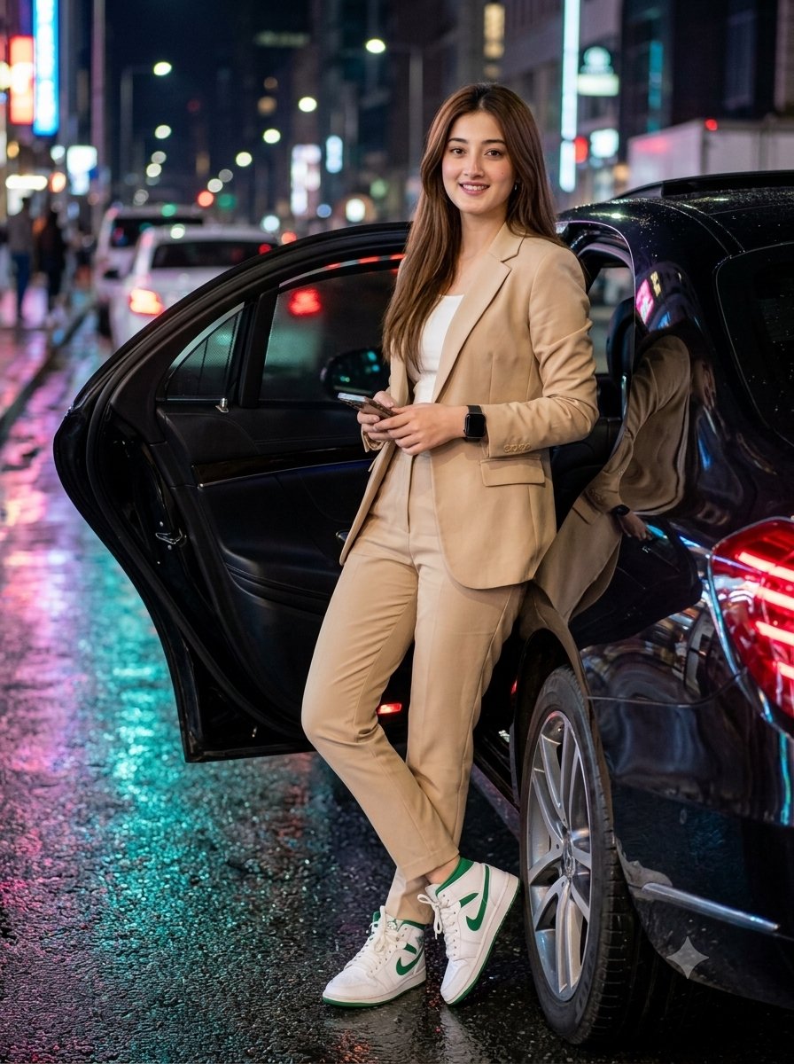 Femme élégante avec une berline de luxe de nuit