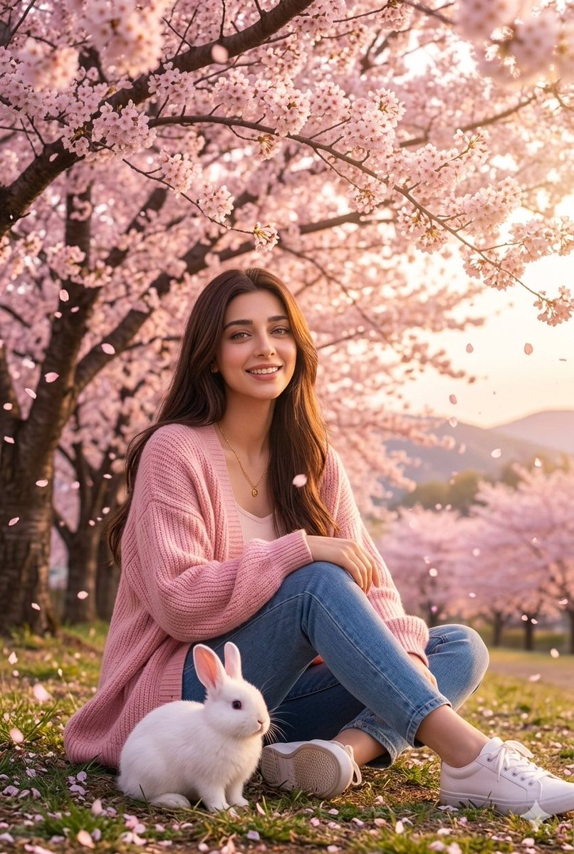 Mulher com Coelho em Jardim de Cerejeiras