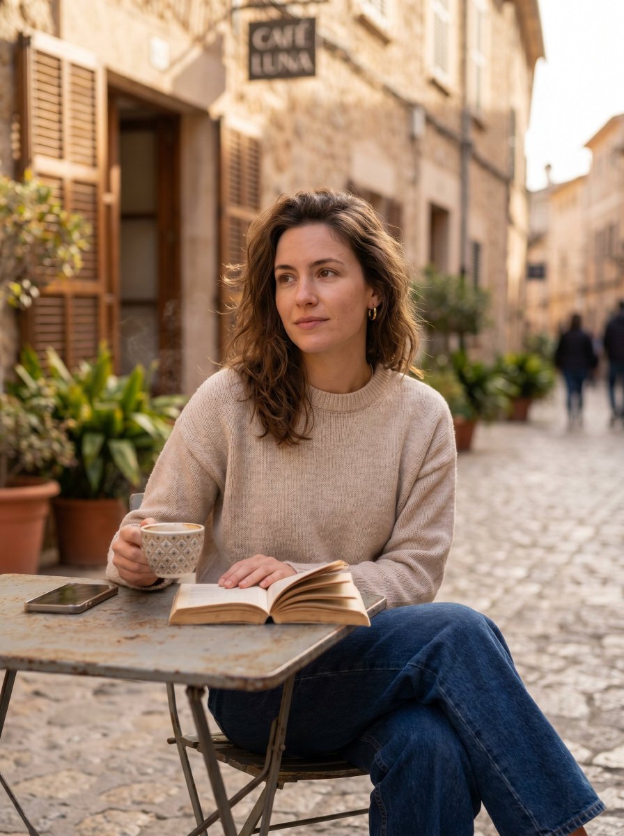 Femme lisant à la terrasse d'un café européen