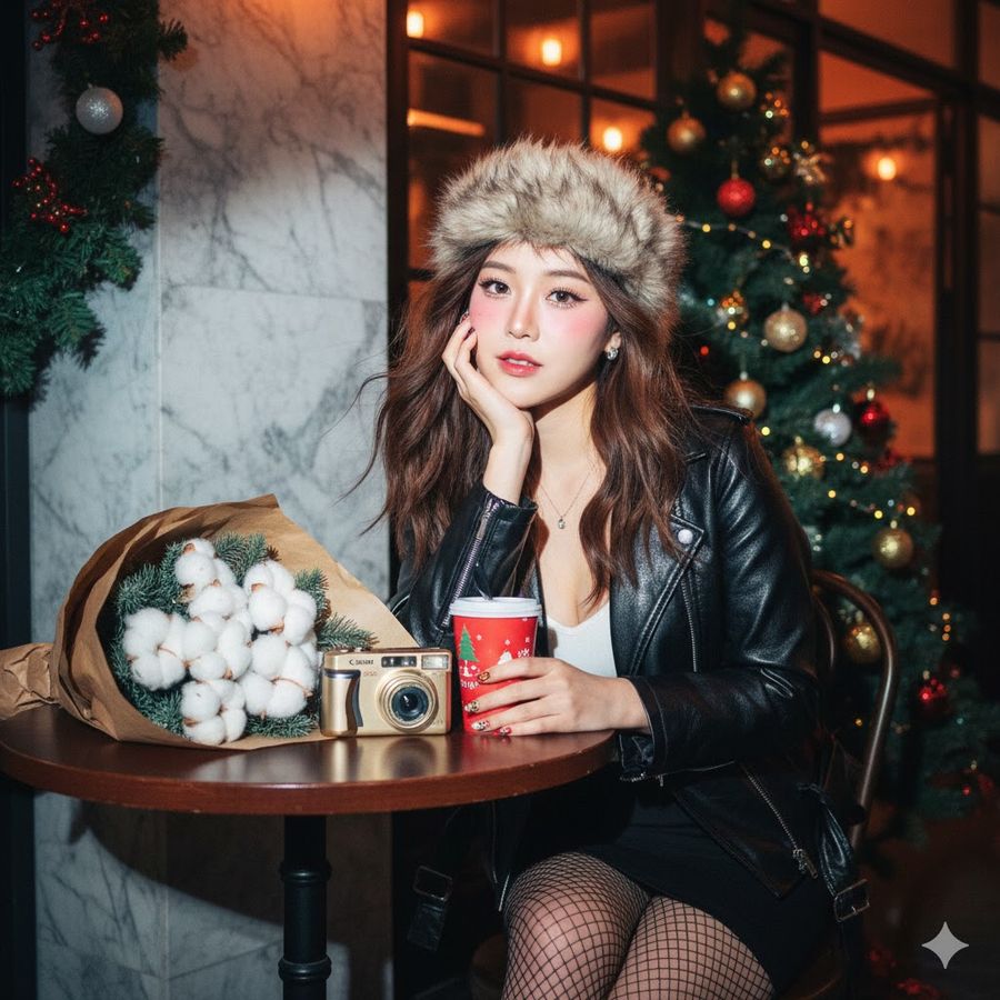 Y2K Flash Portrait at Christmas Cafe