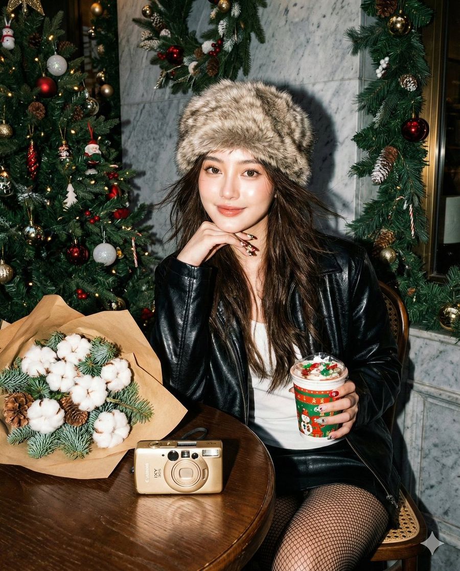 Y2K Flash Portrait in Christmas Café Prompt